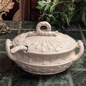 Small Vintage White Japanese Ceramic Basket Tureen with Ceramic Ladle and Lid